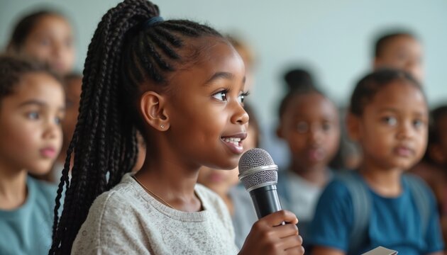 Young Black girl speaks into microphone with confident expression. Presents speech to diverse children audience at school event. Kids learn public speaking skills, develop leadership, improve