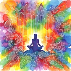 Vibrant Watercolor Chakra Meditation Silhouette with Celestial Energy Flow and Rainbow Aura