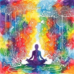Vibrant Watercolor Chakra Meditation Silhouette Amidst Rainbow Energy Flow and Zen Clouds
