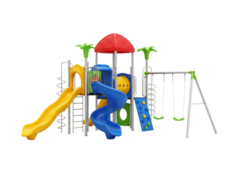 modern, brightly colored multi-level playground playset with wavy yellow slide, blue tube slide, and two swings, isolated on a transparent background for product catalog, concept for active childhood