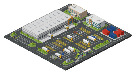 Obraz premium Isometric view of a vibrant logistics hub with trucks, warehouses, and containers perfectly illustrating supply chain efficiency and modern distribution networks
