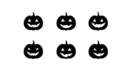 Six hand drawn black pumpkin faces with different spooky expressions, perfect for Halloween decorations, party invitations, or seasonal crafts, evoke playful and eerie autumn mood