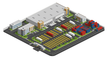 Obraz premium Isometric distribution warehouse hub featuring trucks and shipping containers, perfect for showcasing logistics, global shipping, and supply chain management concepts