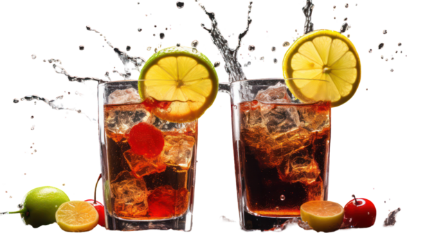Two tall glasses of iced cola drink with lemon slices and garnish isolated on transparent background