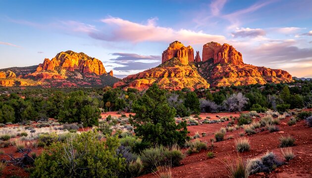 Red rock formations against a dramatic sky at dusk, green shrubs & red soil foreground