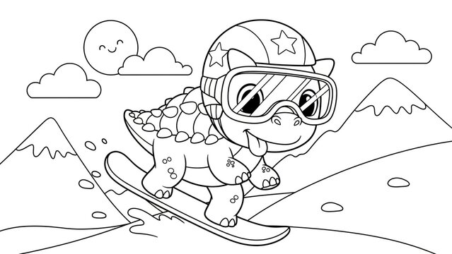 Playful dinosaur character wearing a colorful helmet and goggles in a mountain - Powered by Adobe