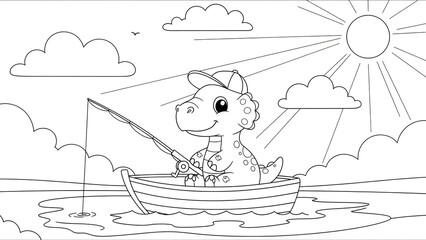 Adorable cartoon dinosaur enjoying a relaxing fishing trip in a small boat