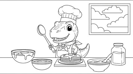 Playful dinosaur dressed as a chef preparing pancakes in a cozy kitchen scene