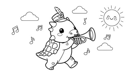 Adorable cartoon dinosaur playing trumpet with musical notes under sunny sky