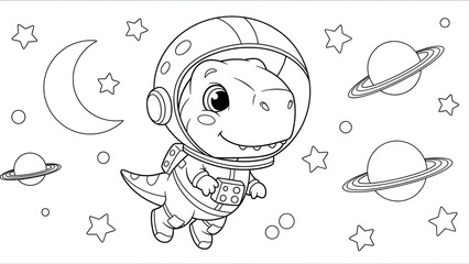 Adorable cartoon dinosaur astronaut exploring space with planets and stars in