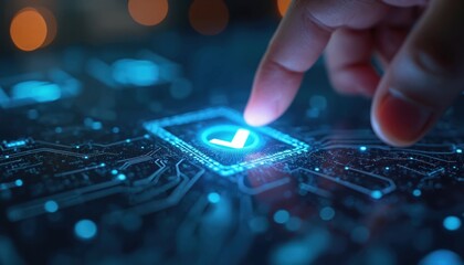 Finger touches glowing checkmark icon on digital circuit board background. Represents data validation, system security, successful tech process. Modern concept of digital approval, verification,