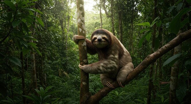 Sloth perched on a tree branch in a dense tropical forest environment wildlife conservation concept