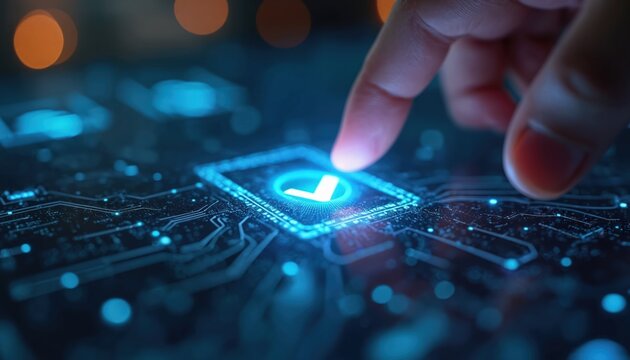 Finger touches glowing checkmark icon on digital circuit board background. Represents data validation, system security, successful tech process. Modern concept of digital approval, verification, - Powered by Adobe