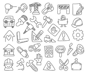 Hand drawn construction and tools icon set, doodle building equipment, safety signs, engineering tools, worker symbols, repair and handyman illustration, industrial and architecture elements