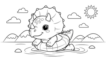 Adorable cartoon baby dinosaur with spikes sitting in water amidst mountains