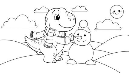 Whimsical winter scene featuring a cheerful dinosaur toy with scarf and
