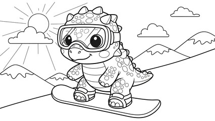 Adorable cartoon dinosaur character with goggles enjoying a sunny mountain