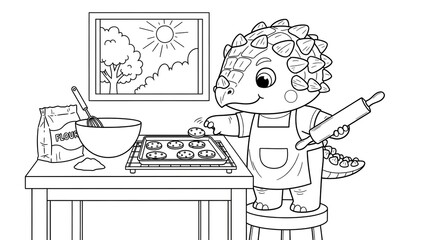 Cute cartoon dinosaur baking cookies in a modern kitchen with sunny window