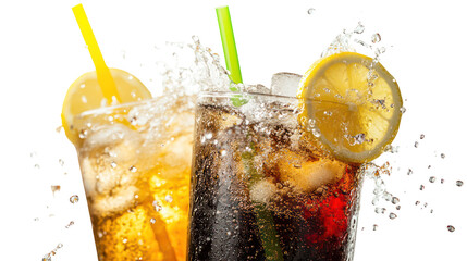 Two refreshing cold drinks with ice and lemon slices isolated on transparent background