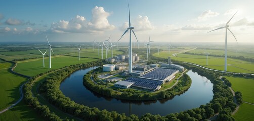 Aerial view shows renewable energy facility. Wind turbines farm, solar panels plant located near river. Concept for green power industry in countryside, ecological innovation, carbon footprint