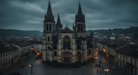 Fototapeta premium Gothic cathedral, city square at dusk with ornate spires against a moody, cloudy sky