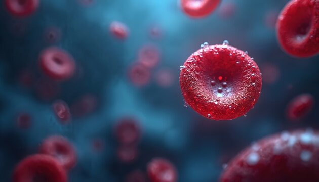 Microscopic view of red blood cells floating in fluid. These erythrocytes are vital for oxygen transport in human body. Blood cells are essential for life and health.