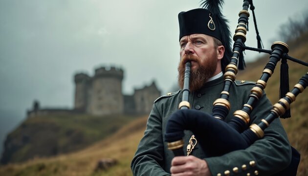 Man in traditional Scottish kilt plays bagpipes outdoors near castle. Bearded musician in Highland dress performs traditional folk music on instrument. Misty sky above landscape.