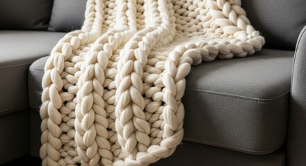 Chunky knitted blanket on a gray sofa