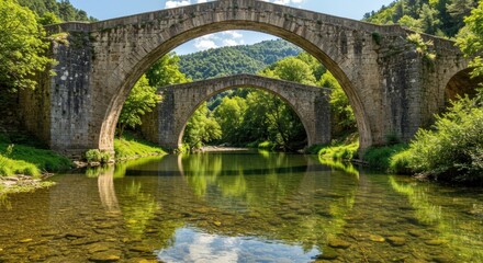 Stone arch bridge spanning river with lush greenery landscape