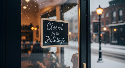 Holiday Closure: A storefront window displays a chalkboard sign declaring a holiday closure, presenting a tranquil winter scene