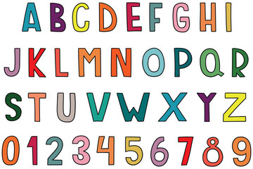 Hand-drawn cartoon set of colored English letters, alphabet, and numbers on a white background.