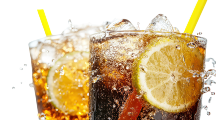 Two refreshing cola drinks with lemon and ice isolated on transparent background