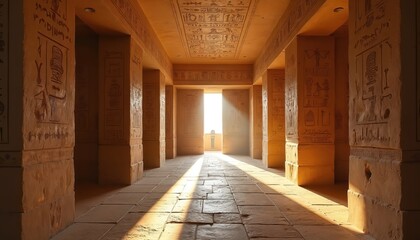 Ancient Egyptian tomb corridor features carved stone pillars with intricate hieroglyphics covering walls, ceiling. Bright sunlight streams through distant door, creating light rays on old stone