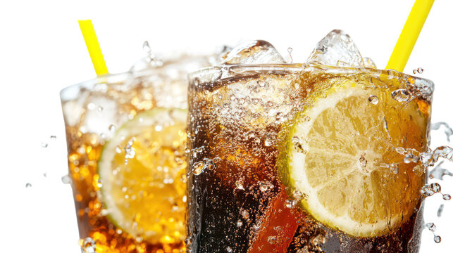 Two refreshing cola drinks with lemon and ice isolated on transparent background