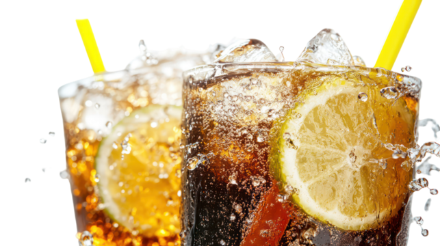 Two refreshing cola drinks with lemon and ice isolated on transparent background