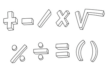 Hand-drawn doodle set of mathematical symbols on a white background.