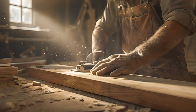 Close up detail of carpenter hands planing wooden plank in dusty rustic workshop with flying sawdust and sunlight beam for craftsmanship concept