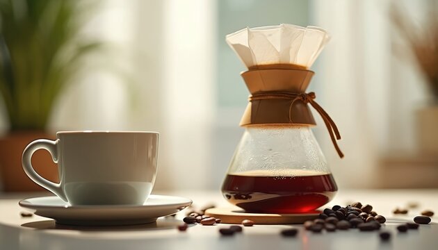 Brewed coffee in Chemex glass with beans and a cup on table. Morning drink preparation at home. Fresh aromatic beverage. Cozy scene and relaxed atmosphere for start of day.
