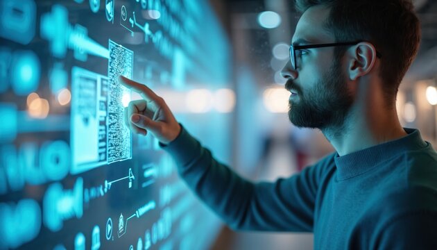 Bearded man in glasses uses transparent touch screen. Interacts with glowing digital interface, analyzing complex big data visualizations. Future tech, smart systems concept for business innovation,