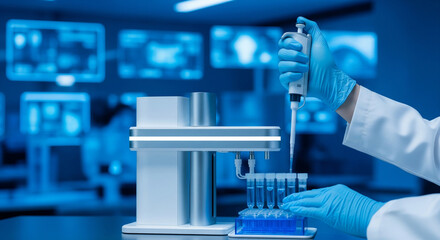Scientist meticulously pipetting liquid into test tubes in a modern laboratory setting with glowing screens.