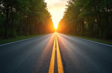 Asphalt road leads towards sunrise between green trees. Forest avenue with yellow road markings. Sun shines over highway in countryside with symmetry.