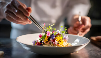 Professional chef using metal tongs to delicately plate a portion of gourmet noodles adorned with colorful edible flowers and fresh herbs into a white bowl with a rich sauce for fine dining