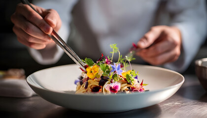 Professional chef using metal tongs to delicately plate a portion of gourmet noodles adorned with colorful edible flowers and fresh herbs into a white bowl with a rich sauce for fine dining