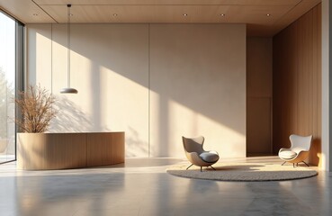 Modern reception area features curved wooden desk with plant. Stylish armchairs sit on round rug in sunny lobby space. Minimalist design includes wood walls, ceiling, concrete floor, bright natural