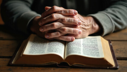 Elderly man rests crossed hands on open Holy Bible book. Man prays seeking divine guidance and solace, showing deep faith and spiritual connection. This is a close up.