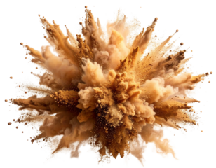 Brown Dust and Dry Soil Burst in Mid-Air Explosion, isolated on a transparent background.