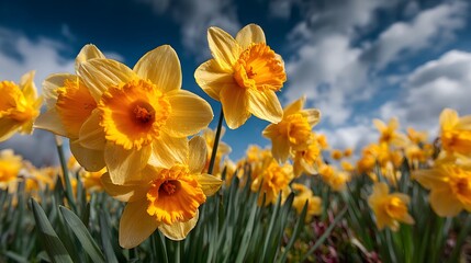 Obraz premium Row of bright yellow daffodils in full bloom features green stems against a blue sky with clouds in a vibrant spring garden concept setting.