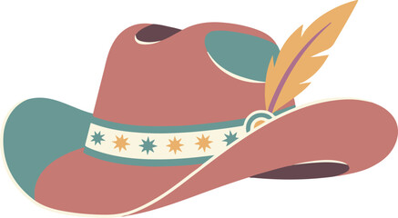 A stylized vector illustration of a reddish-brown cowboy hat featuring a decorative band with star patterns and a single yellow feather tucked into the side.