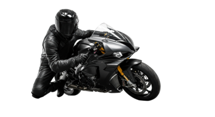 professional male motorsport racer in a black leather suit aggressively leaning a carbon fiber superbike into a turn on a polished studio floor with copy space. concept for sports advertising