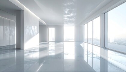 Fototapeta premium Bright White Minimalist Interior with Sunlight Streaming Through Large Windows and Reflective Floors Creating a Clean Modern Aesthetic